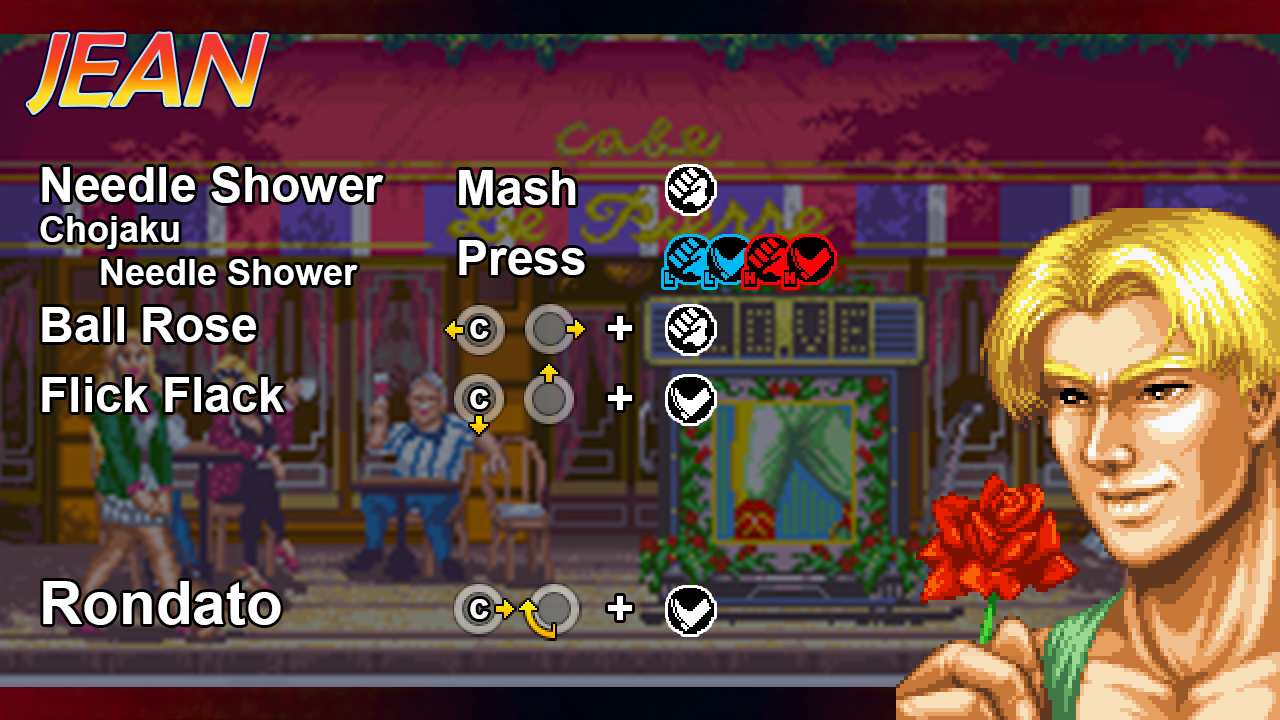 Jean Pierre card showing his special move inputs.